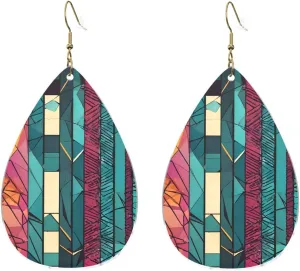 Stylish Drop-Shaped Acrylic Earrings Lightweight Printed Teardrop Dangle Earrings for Women (Ethnic Geometric)