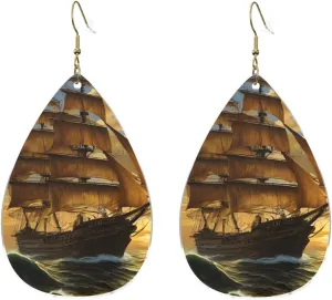 Stylish Drop-Shaped Acrylic Earrings Lightweight Printed Teardrop Dangle Earrings for Women (Fantasy Pirate Ship Print)