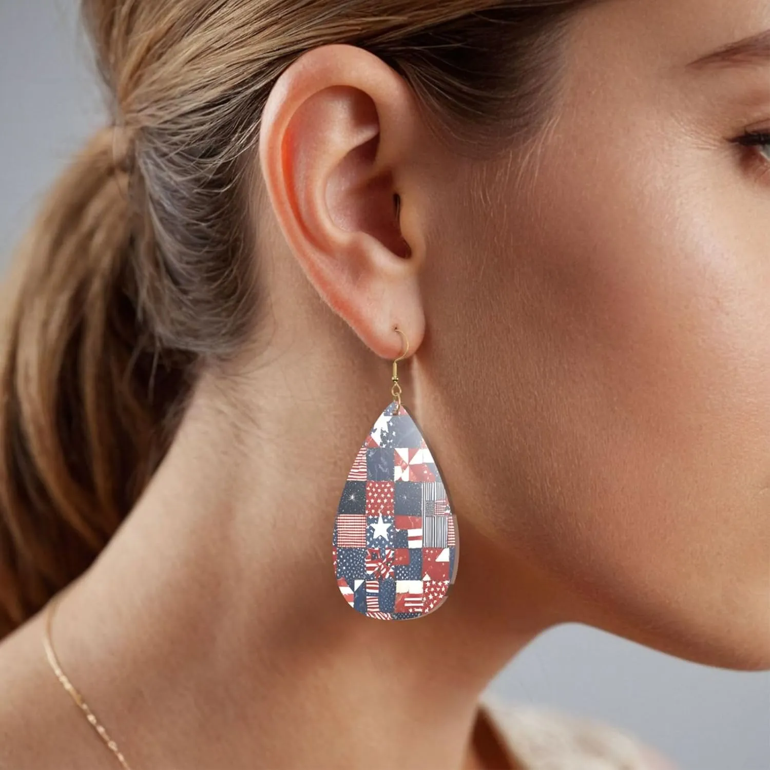 Stylish Drop-Shaped Acrylic Earrings Lightweight Printed Teardrop Dangle Earrings for Women (Flag Patchwork Print)
