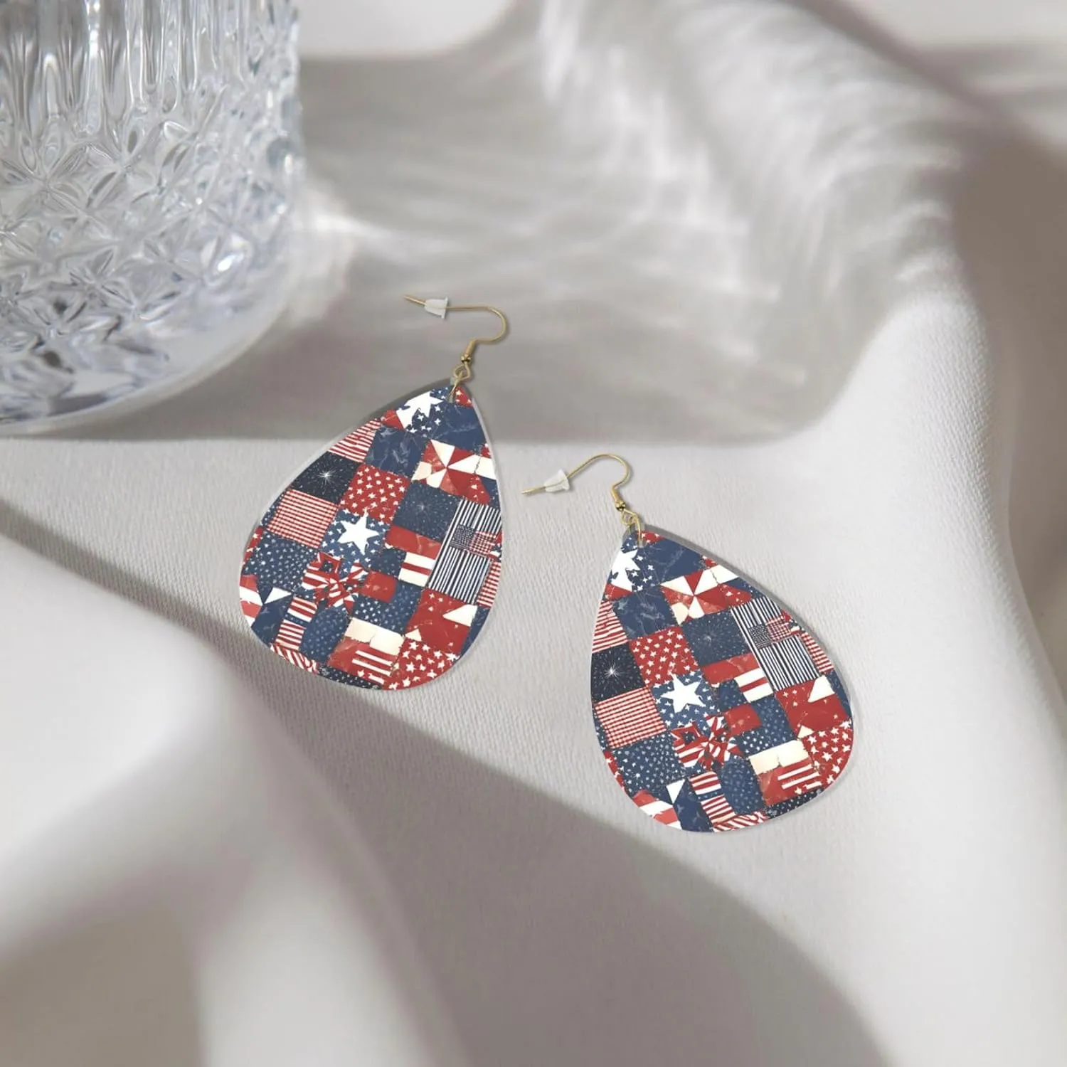 Stylish Drop-Shaped Acrylic Earrings Lightweight Printed Teardrop Dangle Earrings for Women (Flag Patchwork Print)