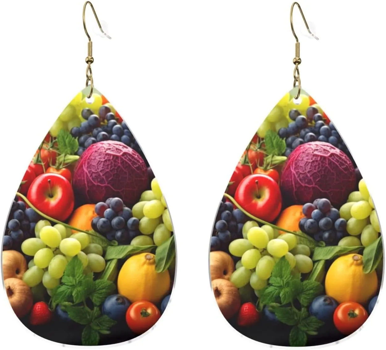 Stylish Drop-Shaped Acrylic Earrings Lightweight Printed Teardrop Dangle Earrings for Women (Fresh Fruits and Vegetables)