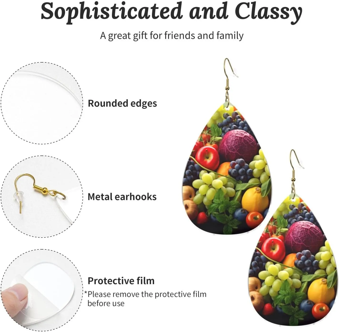 Stylish Drop-Shaped Acrylic Earrings Lightweight Printed Teardrop Dangle Earrings for Women (Fresh Fruits and Vegetables)