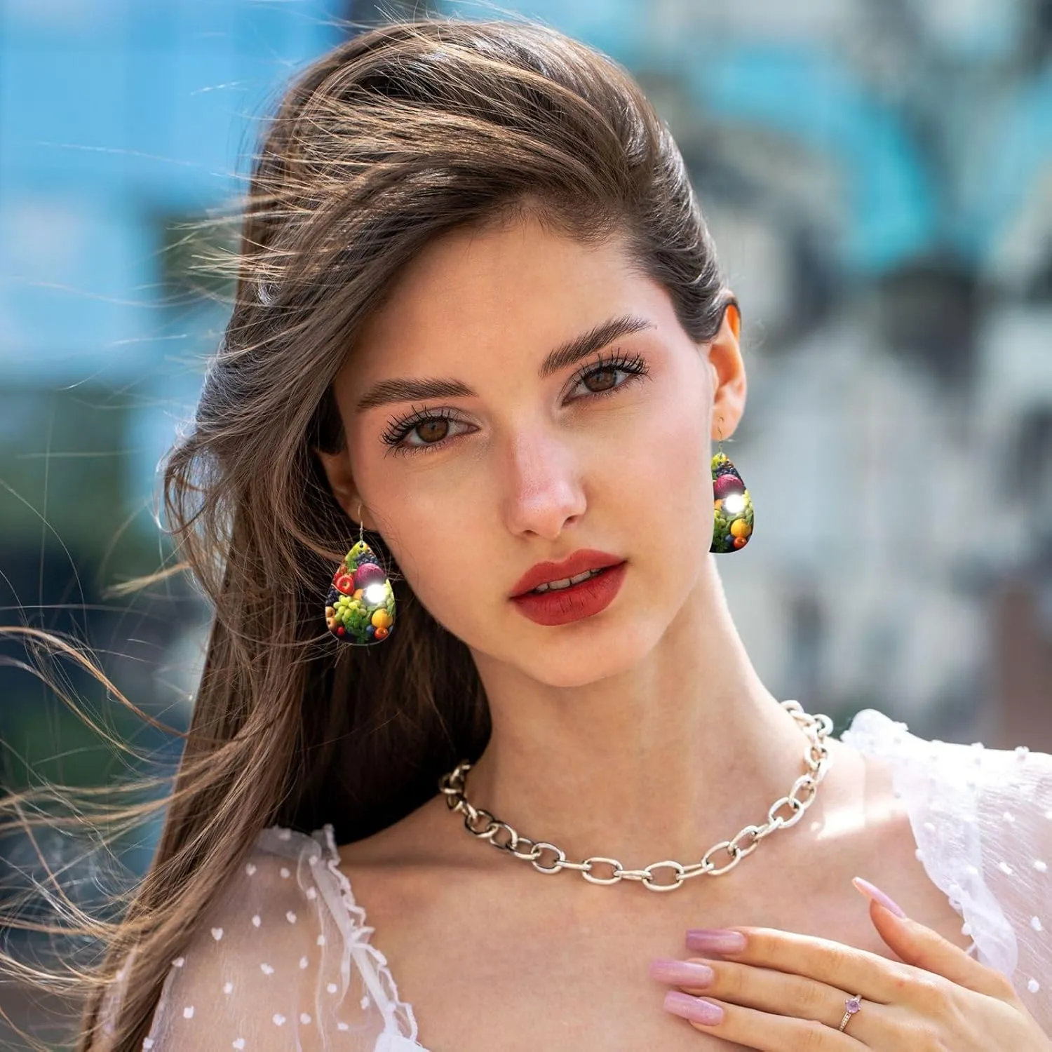 Stylish Drop-Shaped Acrylic Earrings Lightweight Printed Teardrop Dangle Earrings for Women (Fresh Fruits and Vegetables)