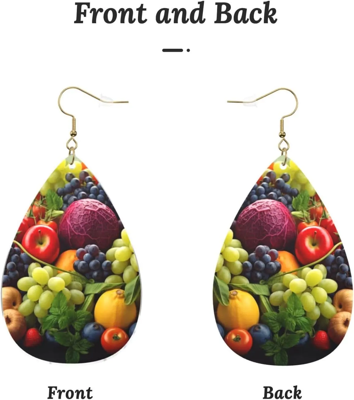 Stylish Drop-Shaped Acrylic Earrings Lightweight Printed Teardrop Dangle Earrings for Women (Fresh Fruits and Vegetables)