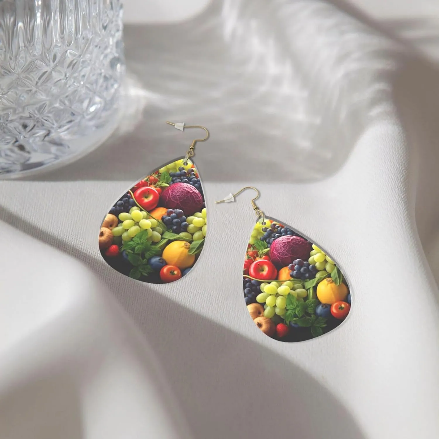 Stylish Drop-Shaped Acrylic Earrings Lightweight Printed Teardrop Dangle Earrings for Women (Fresh Fruits and Vegetables)