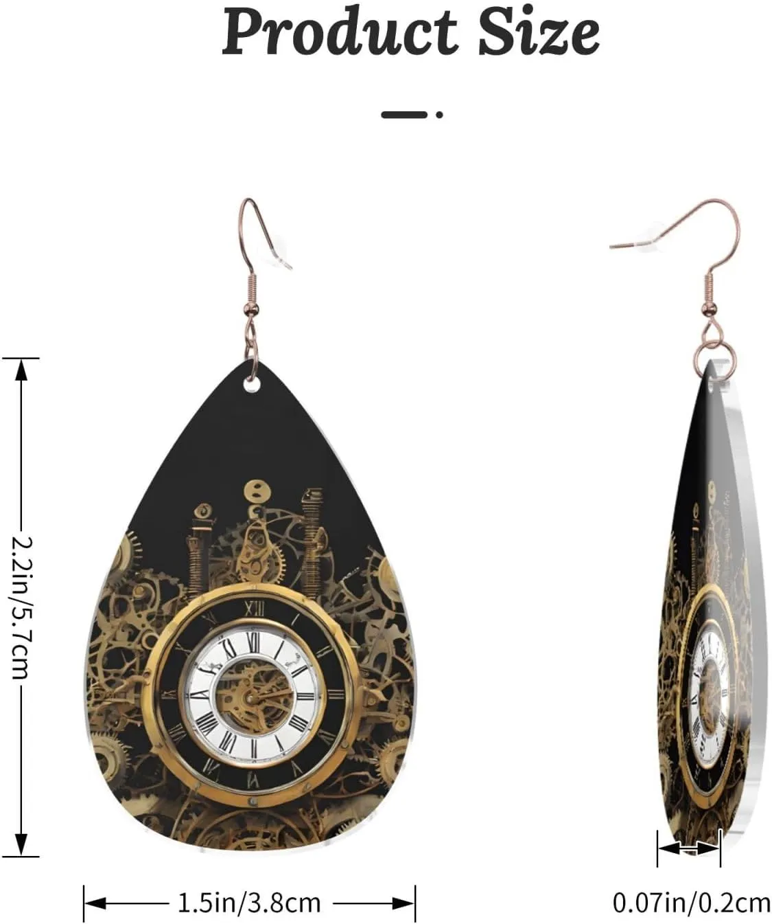 Stylish Drop-Shaped Acrylic Earrings Lightweight Printed Teardrop Dangle Earrings for Women (Gears Clock Bronze Century)