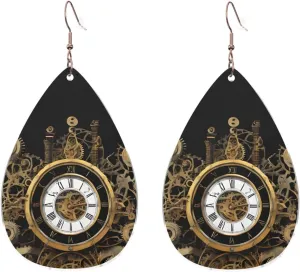 Stylish Drop-Shaped Acrylic Earrings Lightweight Printed Teardrop Dangle Earrings for Women (Gears Clock Bronze Century)