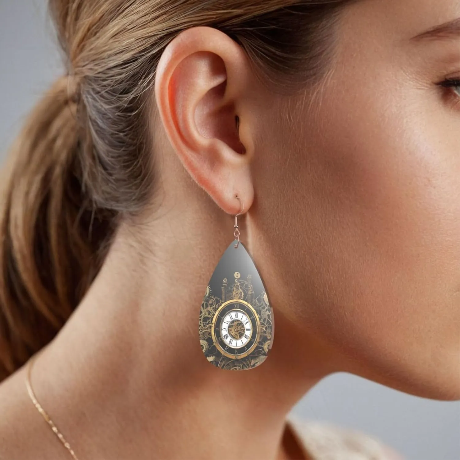Stylish Drop-Shaped Acrylic Earrings Lightweight Printed Teardrop Dangle Earrings for Women (Gears Clock Bronze Century)