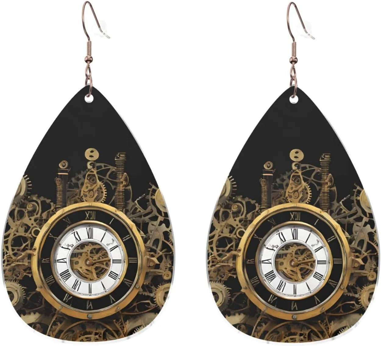 Stylish Drop-Shaped Acrylic Earrings Lightweight Printed Teardrop Dangle Earrings for Women (Gears Clock Bronze Century)