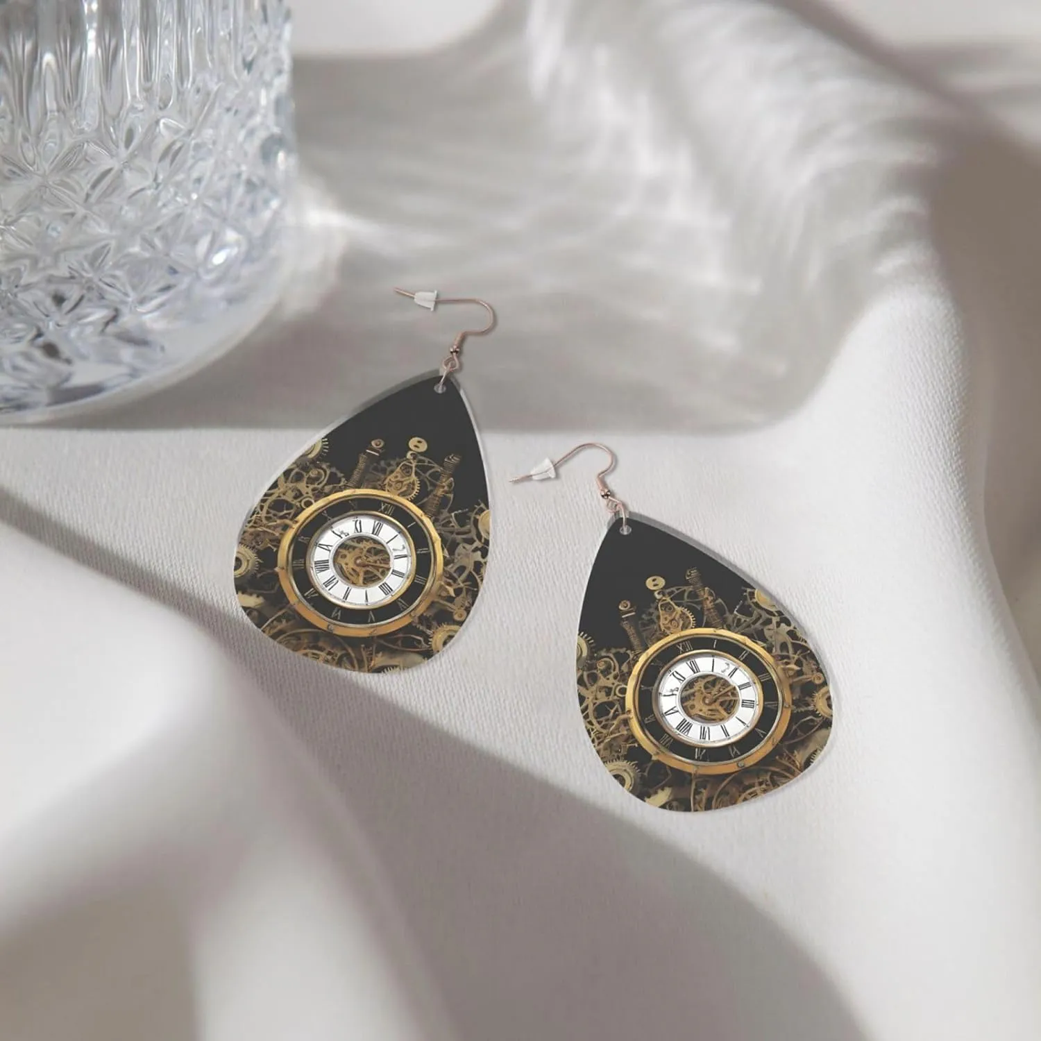 Stylish Drop-Shaped Acrylic Earrings Lightweight Printed Teardrop Dangle Earrings for Women (Gears Clock Bronze Century)