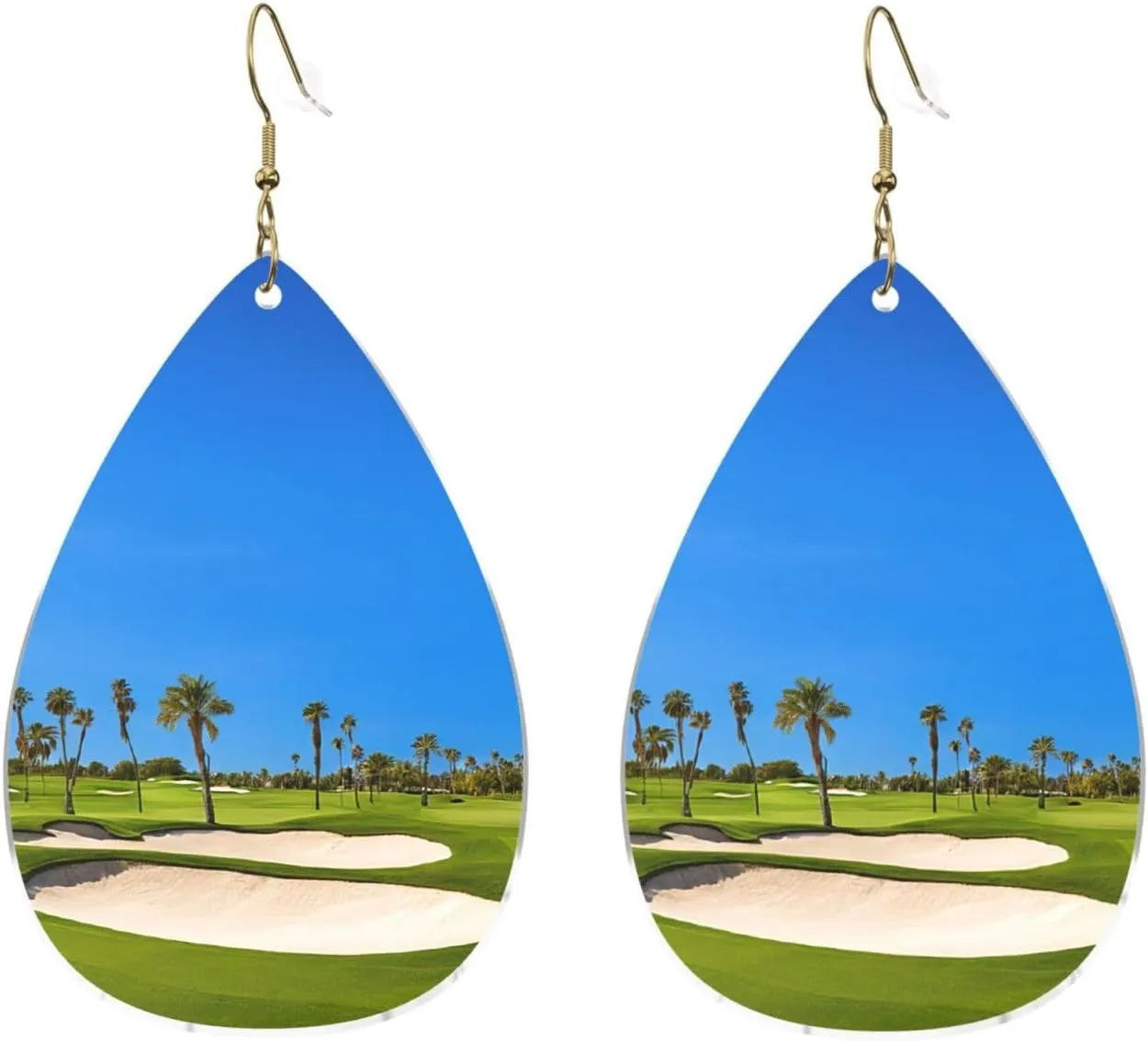 Stylish Drop-Shaped Acrylic Earrings Lightweight Printed Teardrop Dangle Earrings for Women (Golf course by the sea)