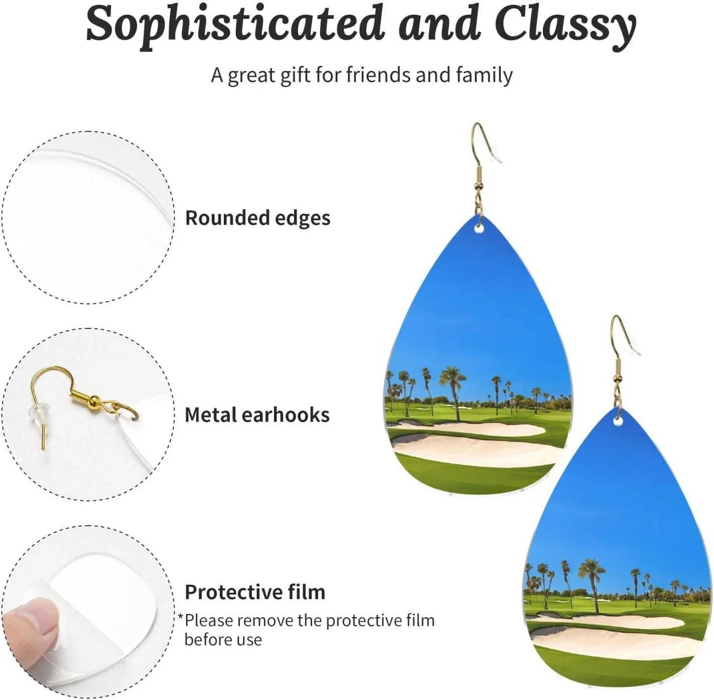 Stylish Drop-Shaped Acrylic Earrings Lightweight Printed Teardrop Dangle Earrings for Women (Golf course by the sea)