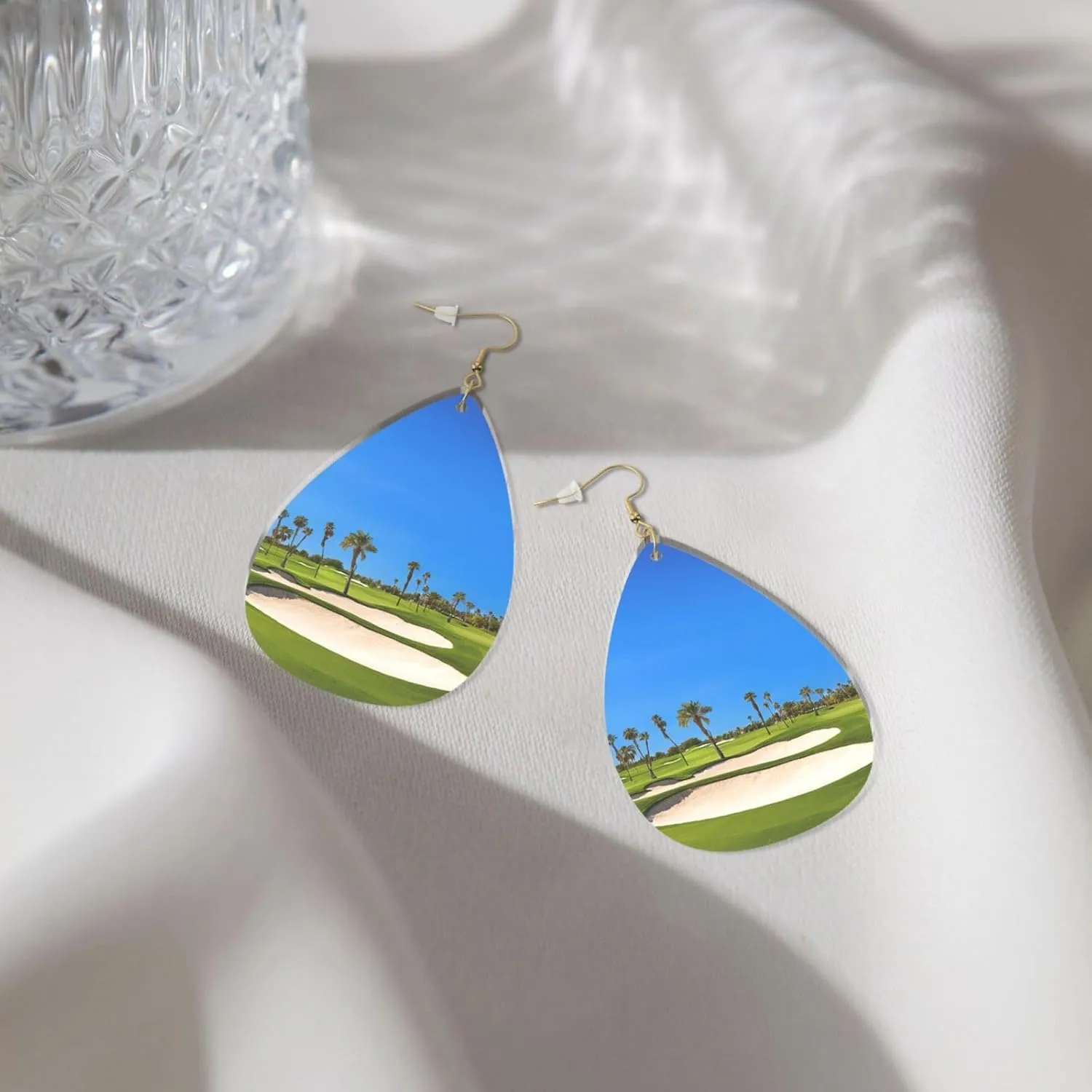 Stylish Drop-Shaped Acrylic Earrings Lightweight Printed Teardrop Dangle Earrings for Women (Golf course by the sea)