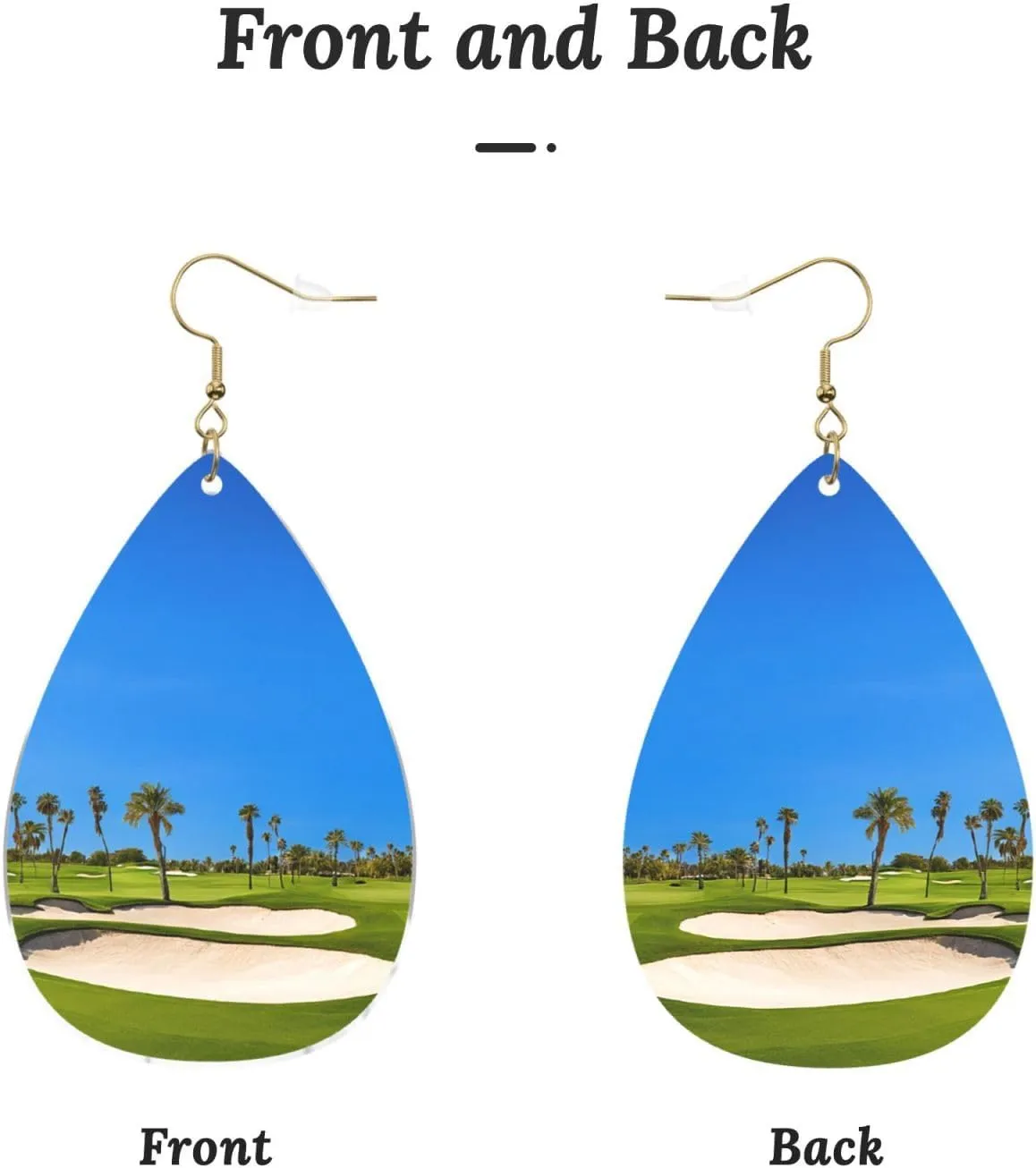 Stylish Drop-Shaped Acrylic Earrings Lightweight Printed Teardrop Dangle Earrings for Women (Golf course by the sea)