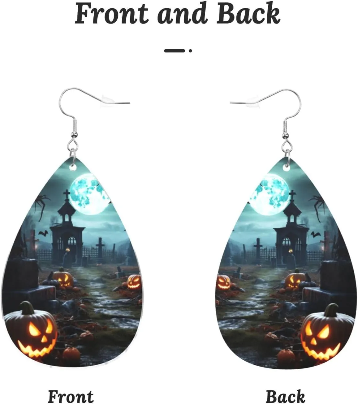 Stylish Drop-Shaped Acrylic Earrings Lightweight Printed Teardrop Dangle Earrings for Women (Horror Pumpkin Cemetery)