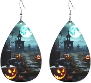 Stylish Drop-Shaped Acrylic Earrings Lightweight Printed Teardrop Dangle Earrings for Women (Horror Pumpkin Cemetery)