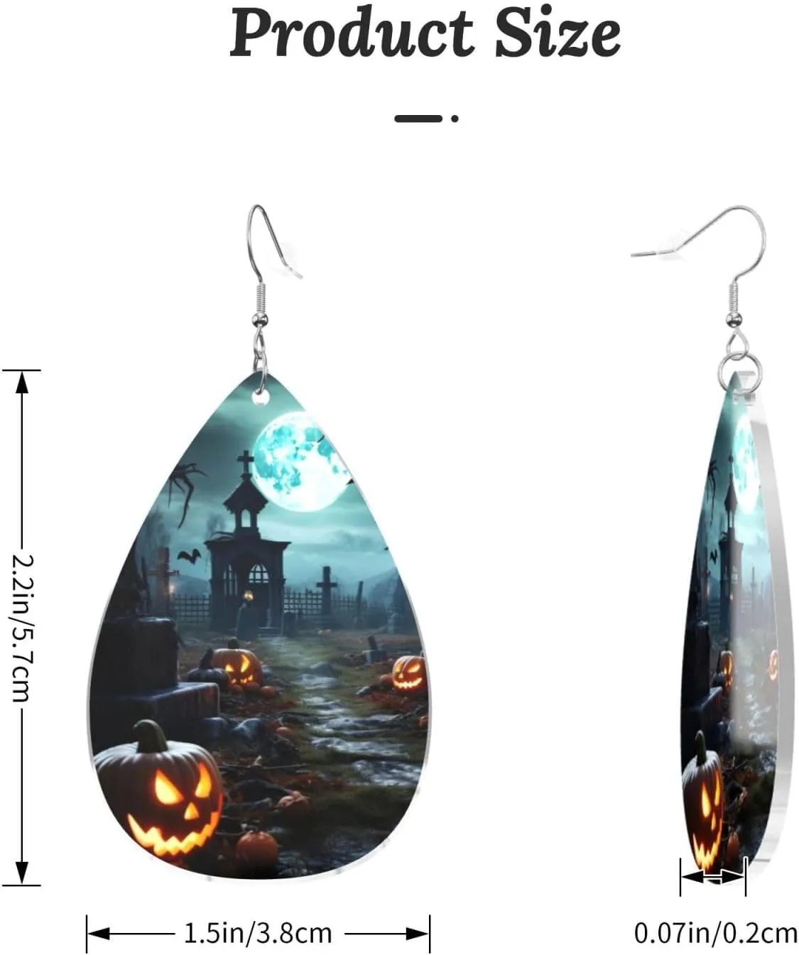 Stylish Drop-Shaped Acrylic Earrings Lightweight Printed Teardrop Dangle Earrings for Women (Horror Pumpkin Cemetery)