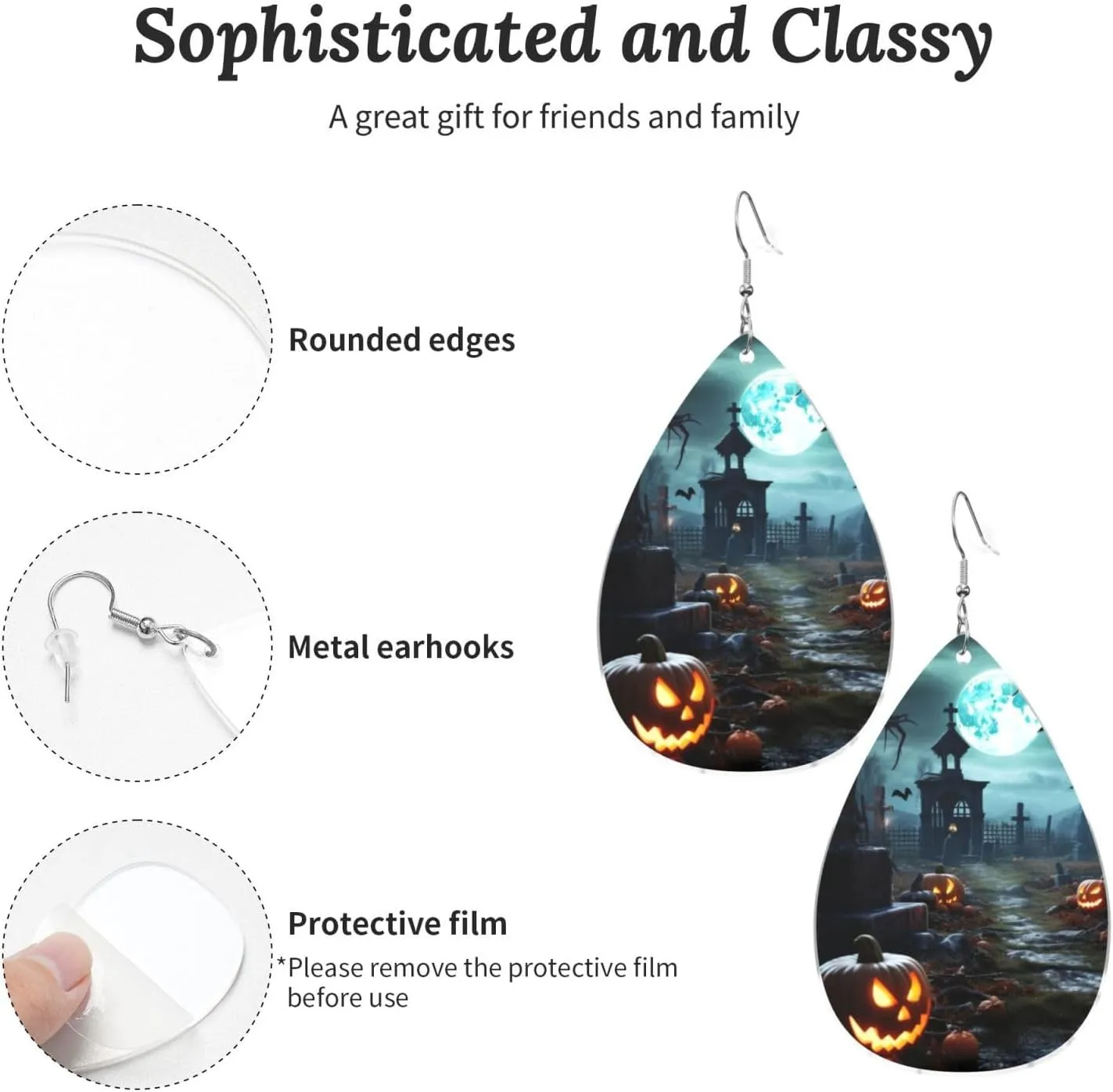Stylish Drop-Shaped Acrylic Earrings Lightweight Printed Teardrop Dangle Earrings for Women (Horror Pumpkin Cemetery)