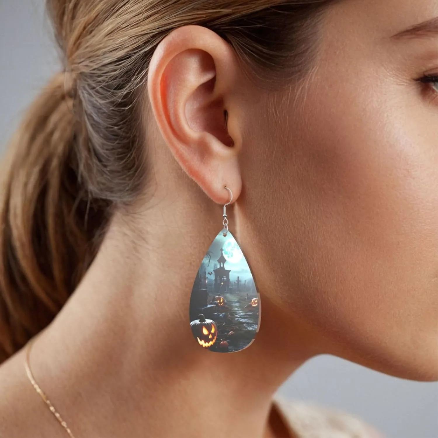 Stylish Drop-Shaped Acrylic Earrings Lightweight Printed Teardrop Dangle Earrings for Women (Horror Pumpkin Cemetery)