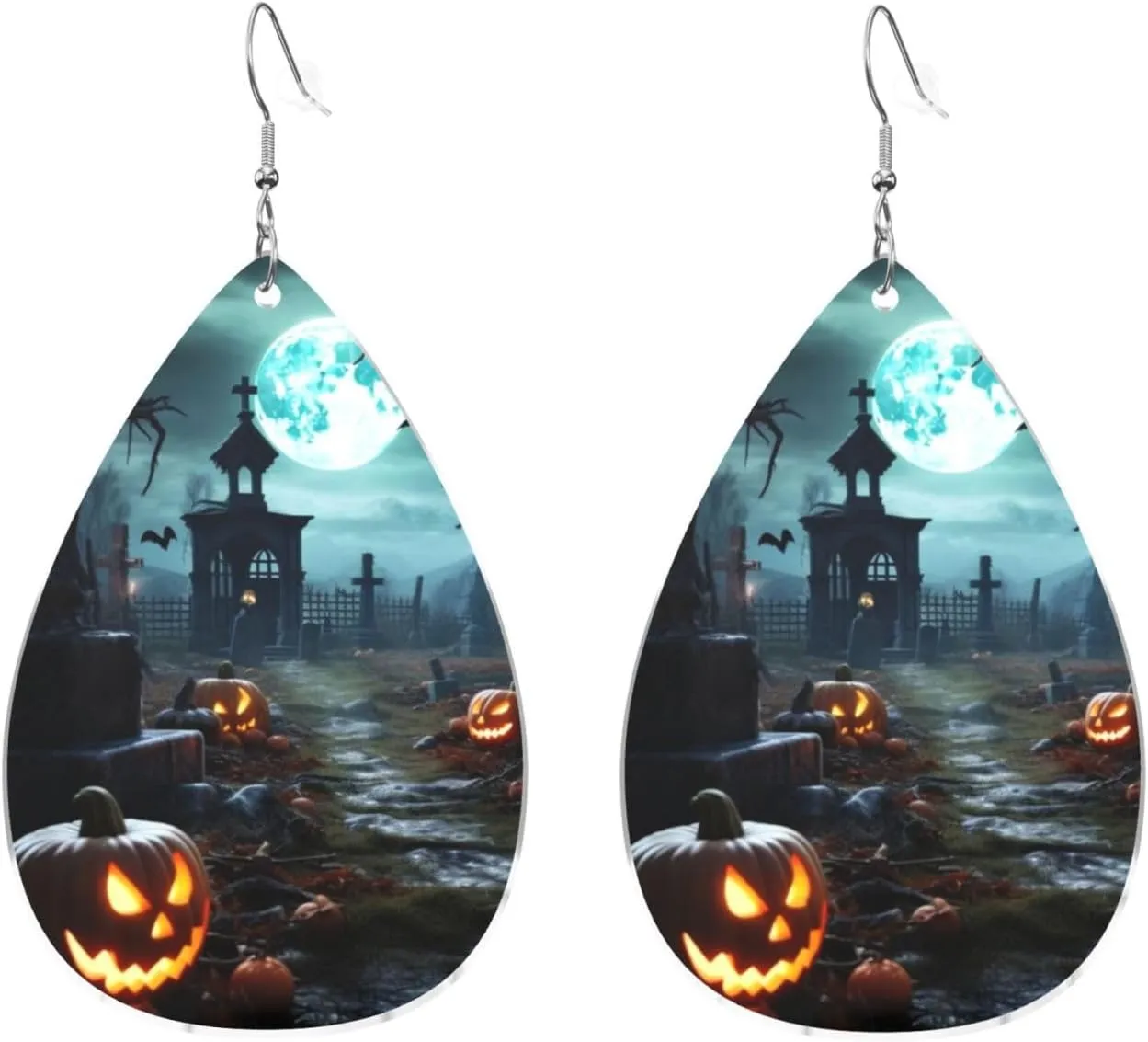 Stylish Drop-Shaped Acrylic Earrings Lightweight Printed Teardrop Dangle Earrings for Women (Horror Pumpkin Cemetery)
