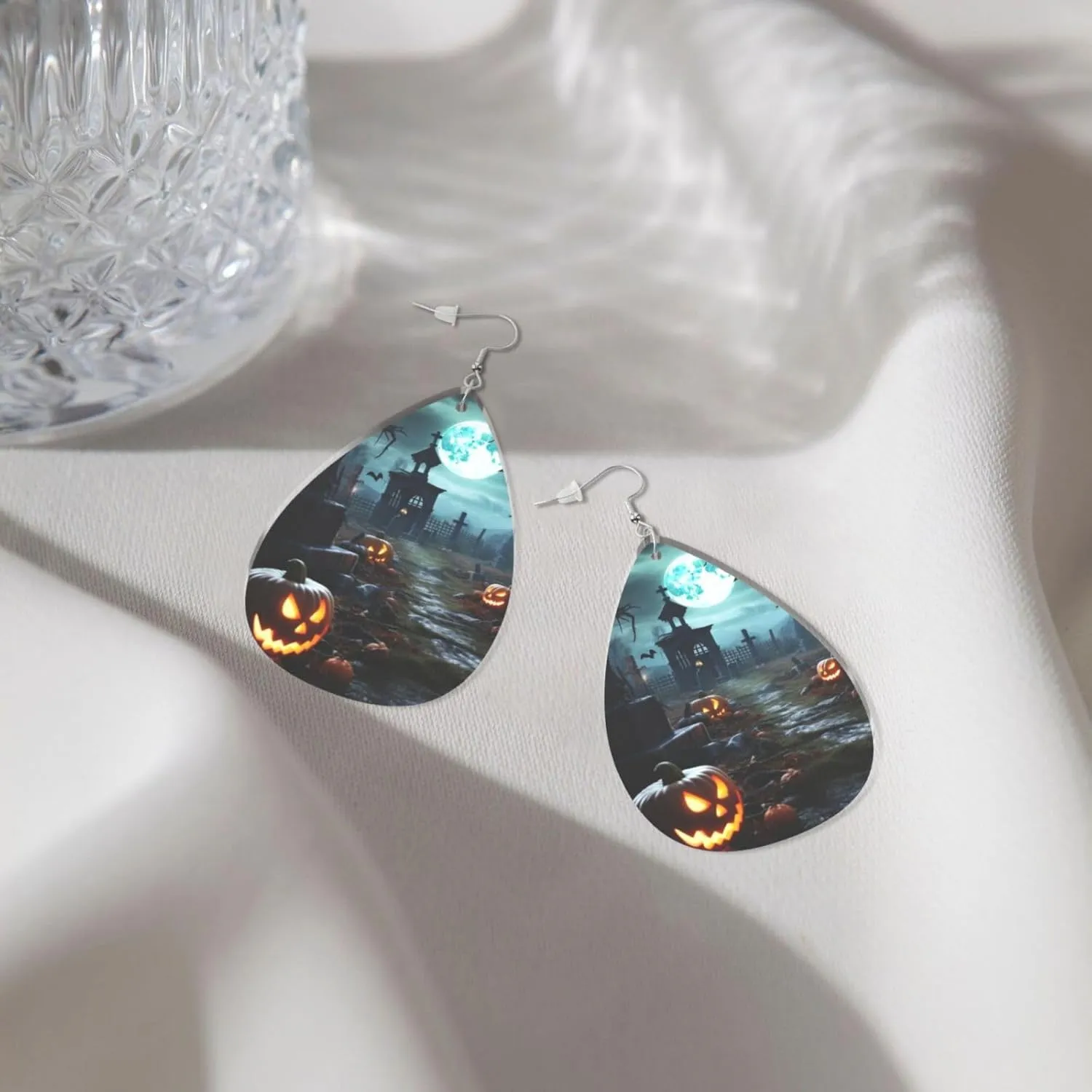 Stylish Drop-Shaped Acrylic Earrings Lightweight Printed Teardrop Dangle Earrings for Women (Horror Pumpkin Cemetery)