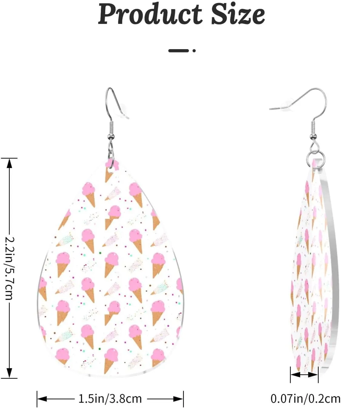 Stylish Drop-Shaped Acrylic Earrings Lightweight Printed Teardrop Dangle Earrings for Women (Ice Cream Cones)
