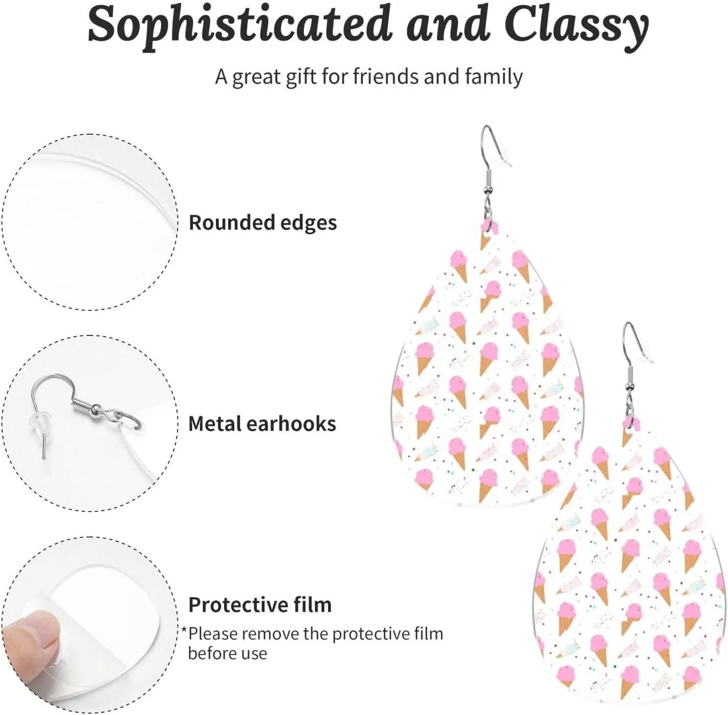 Stylish Drop-Shaped Acrylic Earrings Lightweight Printed Teardrop Dangle Earrings for Women (Ice Cream Cones)