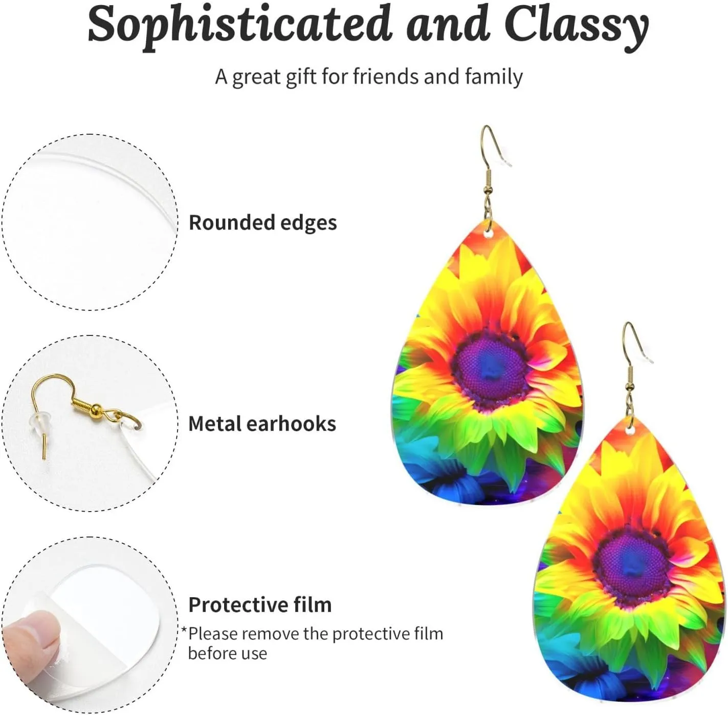 Stylish Drop-Shaped Acrylic Earrings Lightweight Printed Teardrop Dangle Earrings for Women (Rainbow Sunflower)