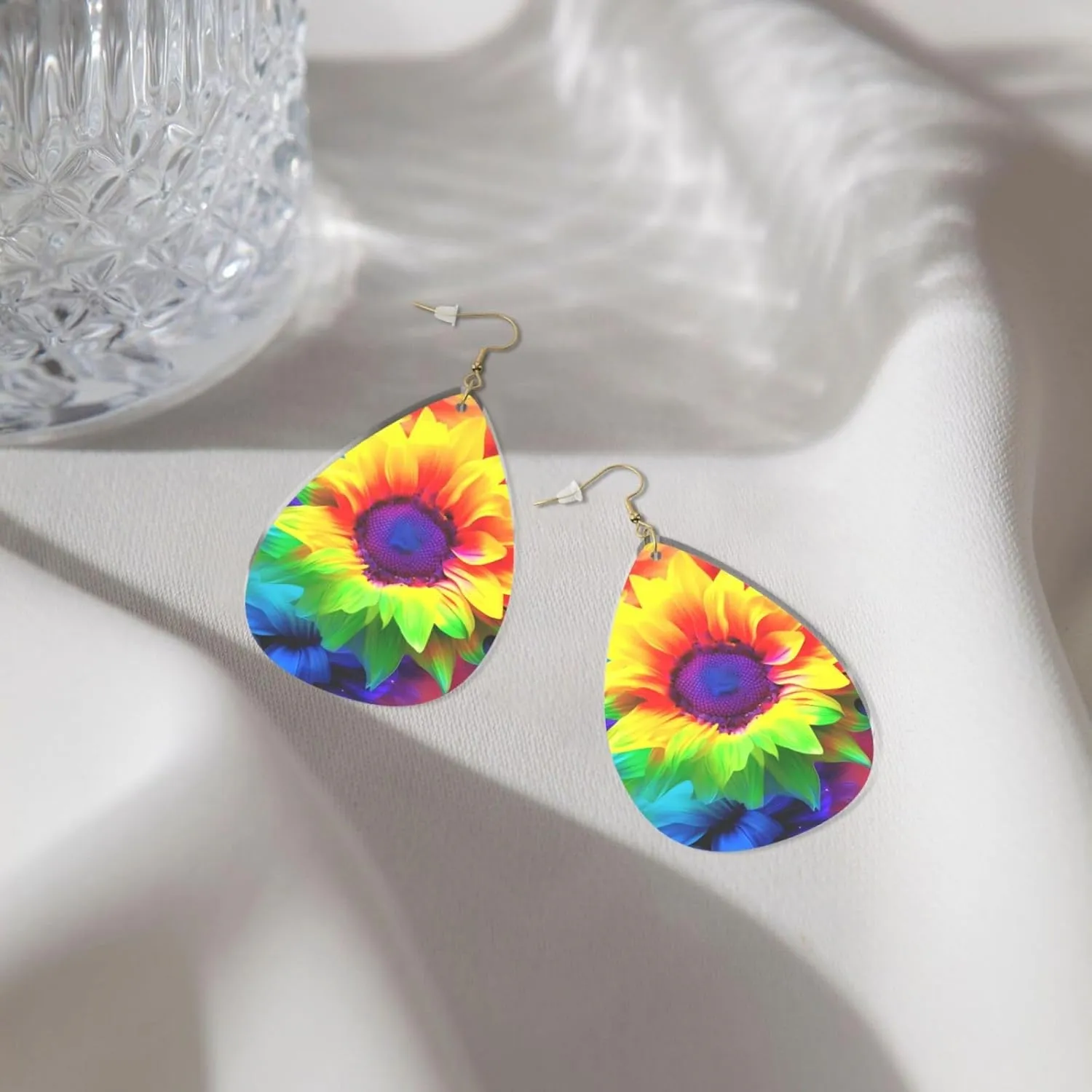 Stylish Drop-Shaped Acrylic Earrings Lightweight Printed Teardrop Dangle Earrings for Women (Rainbow Sunflower)