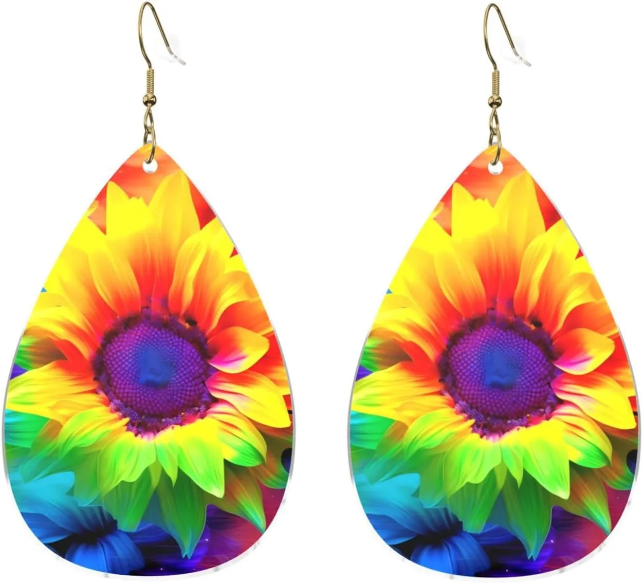 Stylish Drop-Shaped Acrylic Earrings Lightweight Printed Teardrop Dangle Earrings for Women (Rainbow Sunflower)