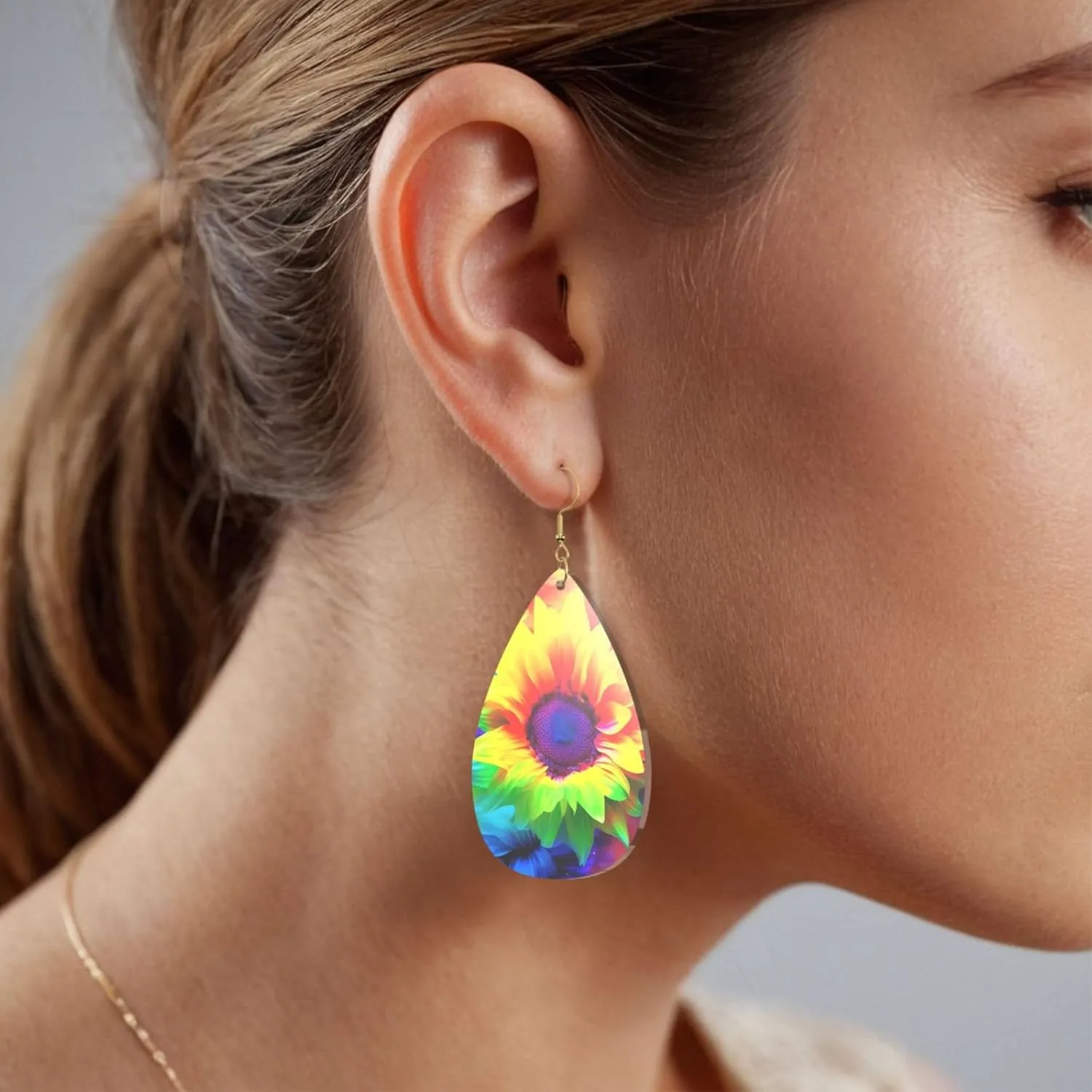 Stylish Drop-Shaped Acrylic Earrings Lightweight Printed Teardrop Dangle Earrings for Women (Rainbow Sunflower)