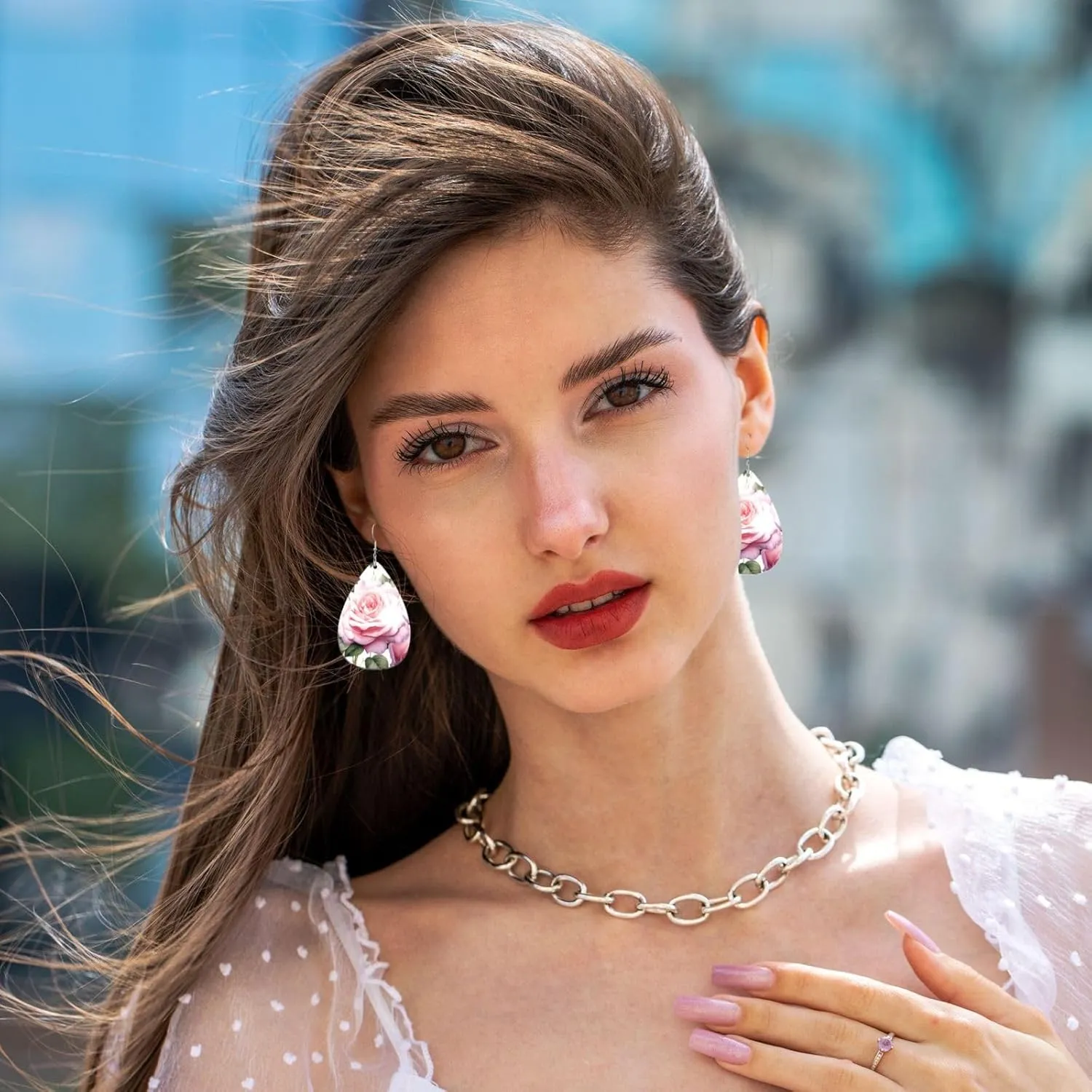 Stylish Drop-Shaped Acrylic Earrings Lightweight Printed Teardrop Dangle Earrings for Women (Rosess)