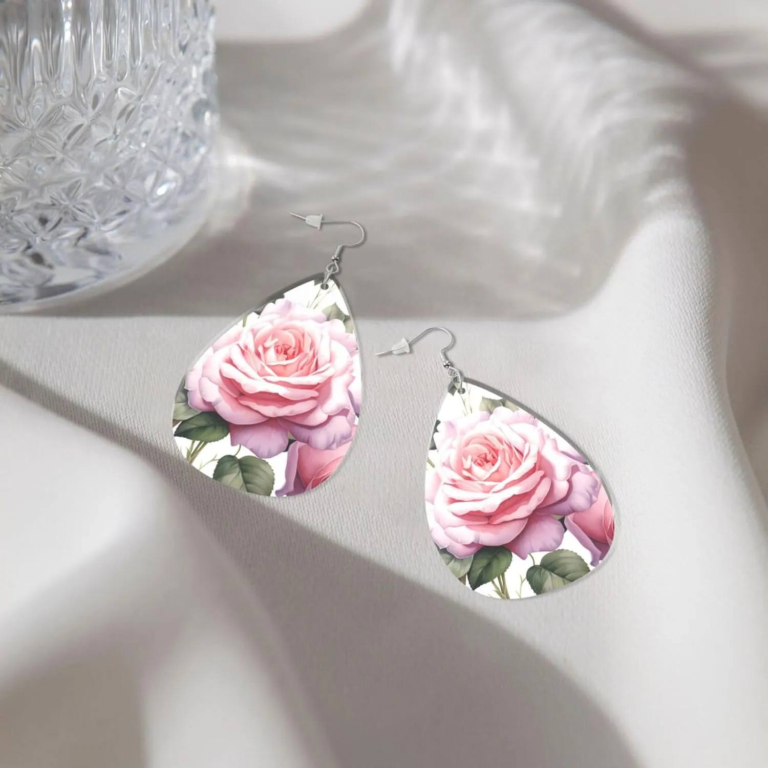 Stylish Drop-Shaped Acrylic Earrings Lightweight Printed Teardrop Dangle Earrings for Women (Rosess)