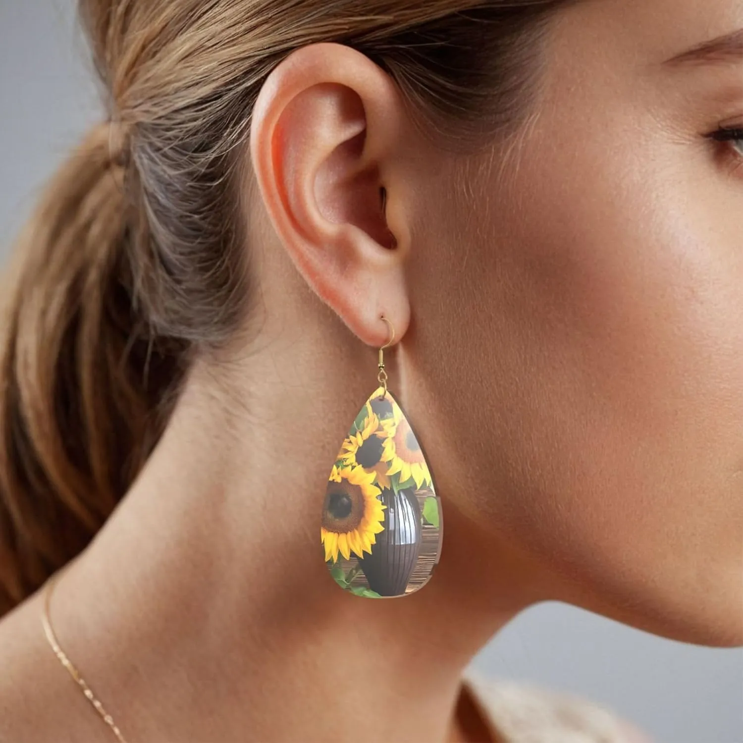 Stylish Drop-Shaped Acrylic Earrings Lightweight Printed Teardrop Dangle Earrings for Women (Three Sunflowers on Wooden)