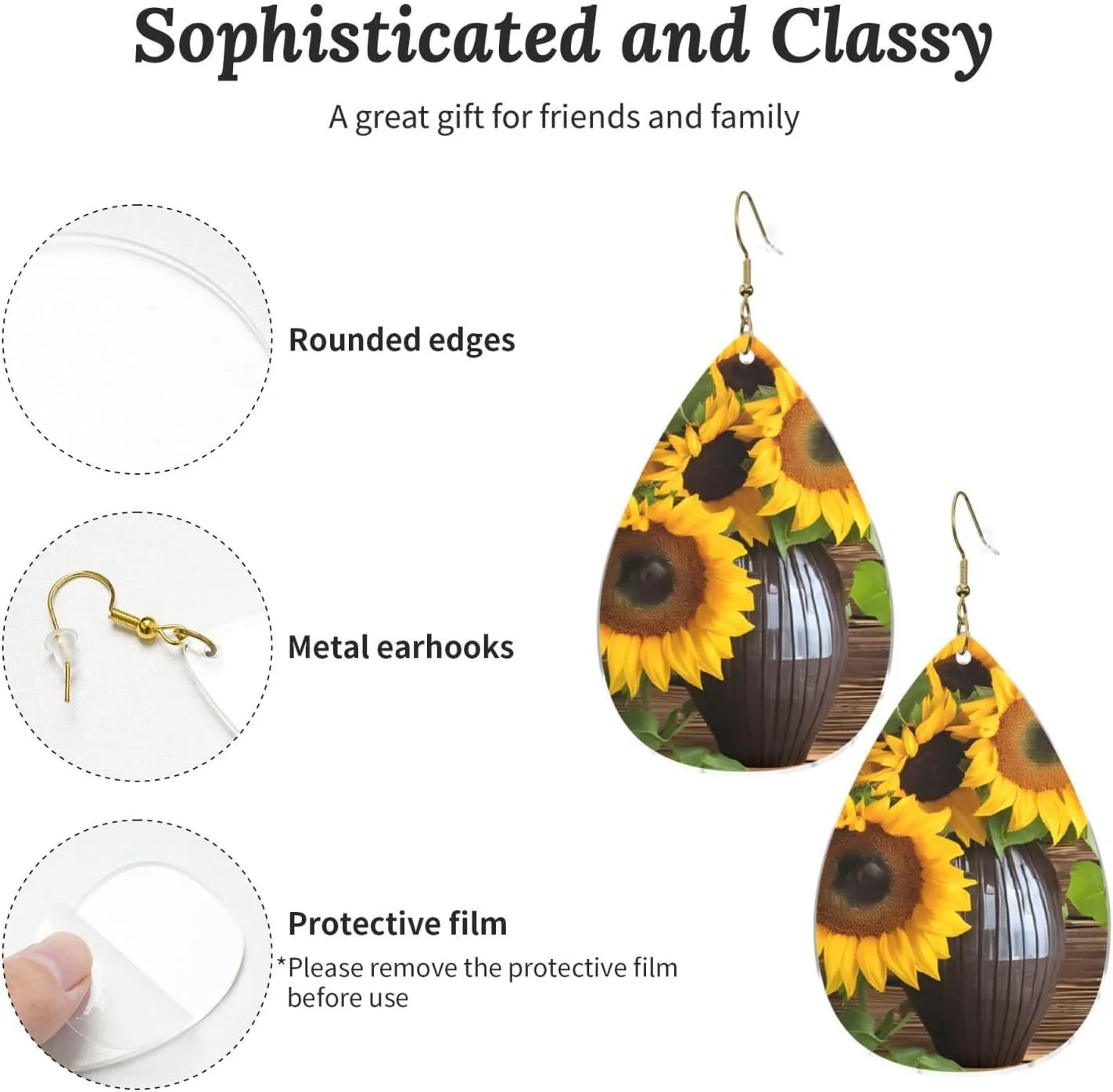 Stylish Drop-Shaped Acrylic Earrings Lightweight Printed Teardrop Dangle Earrings for Women (Three Sunflowers on Wooden)