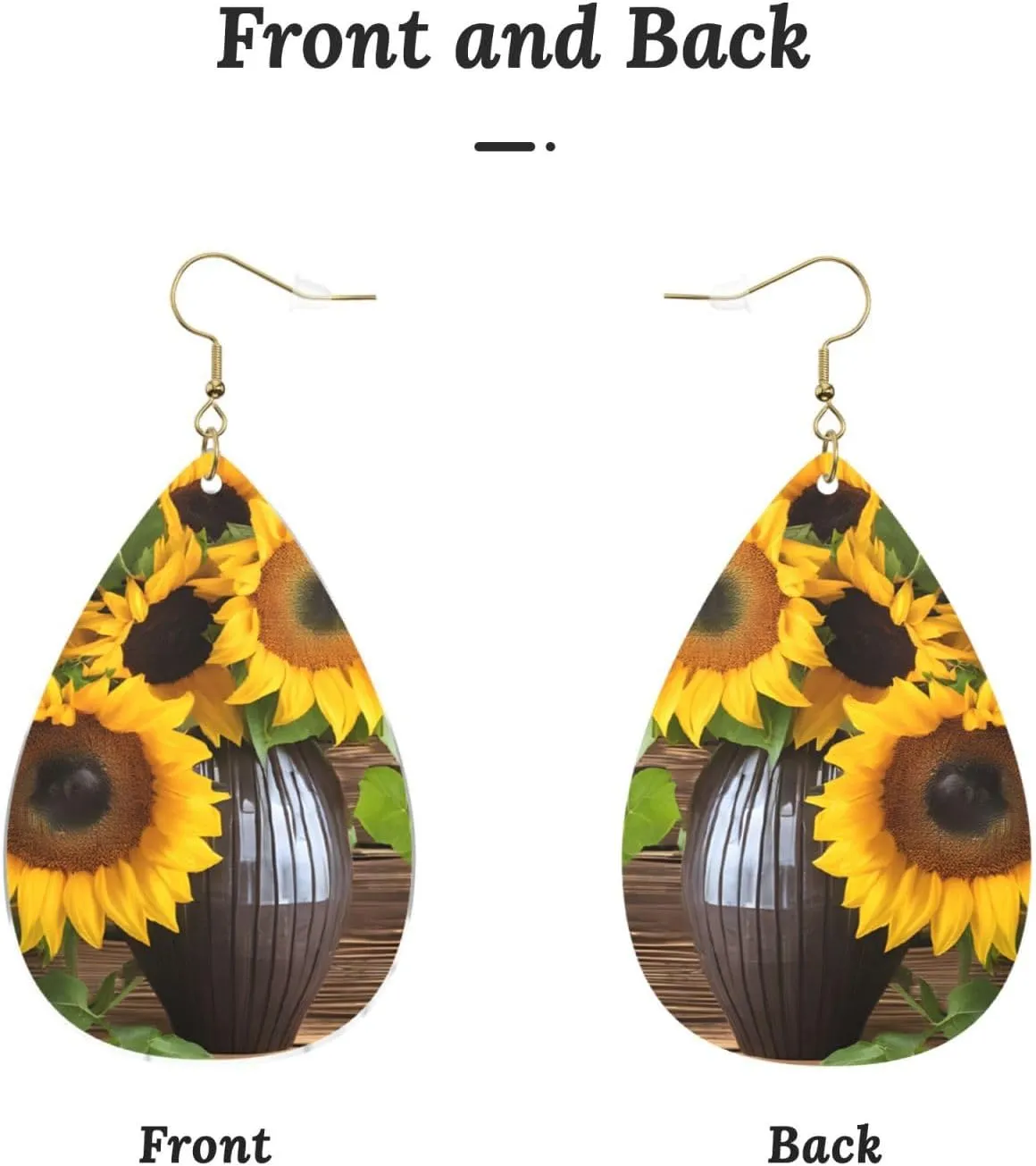 Stylish Drop-Shaped Acrylic Earrings Lightweight Printed Teardrop Dangle Earrings for Women (Three Sunflowers on Wooden)