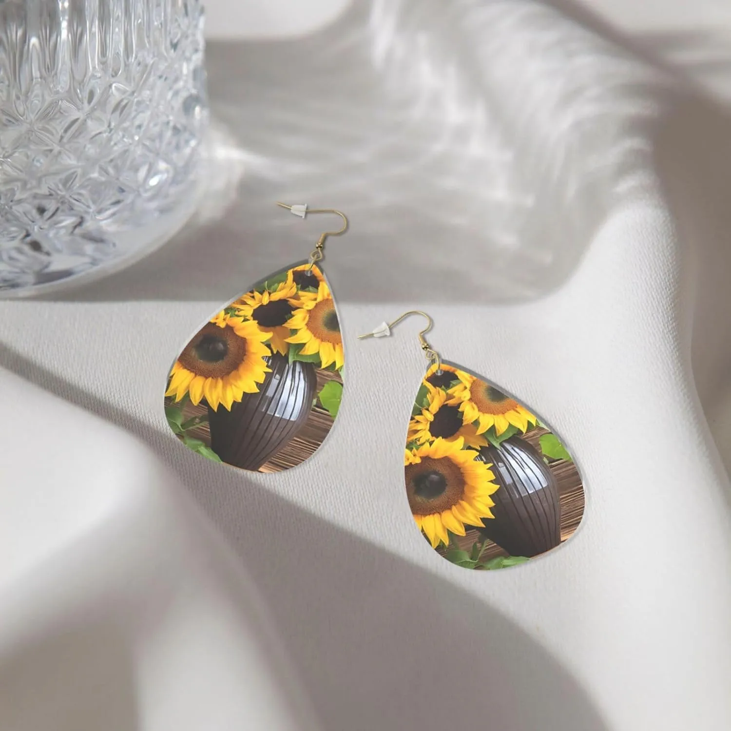 Stylish Drop-Shaped Acrylic Earrings Lightweight Printed Teardrop Dangle Earrings for Women (Three Sunflowers on Wooden)