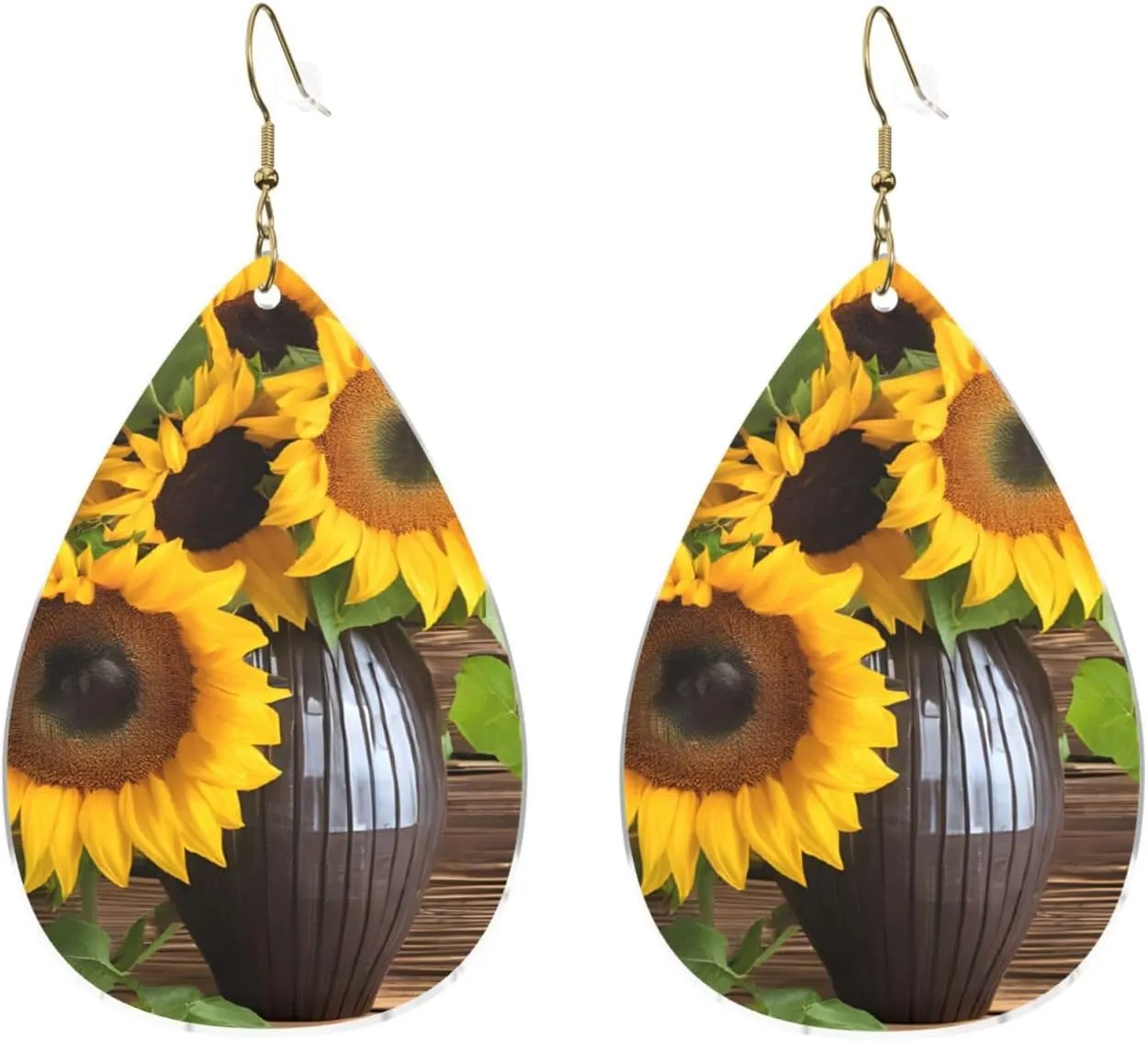 Stylish Drop-Shaped Acrylic Earrings Lightweight Printed Teardrop Dangle Earrings for Women (Three Sunflowers on Wooden)