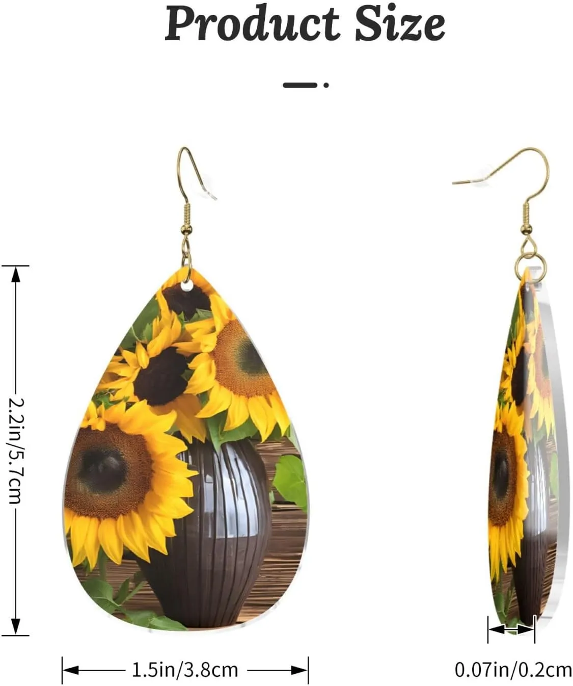 Stylish Drop-Shaped Acrylic Earrings Lightweight Printed Teardrop Dangle Earrings for Women (Three Sunflowers on Wooden)