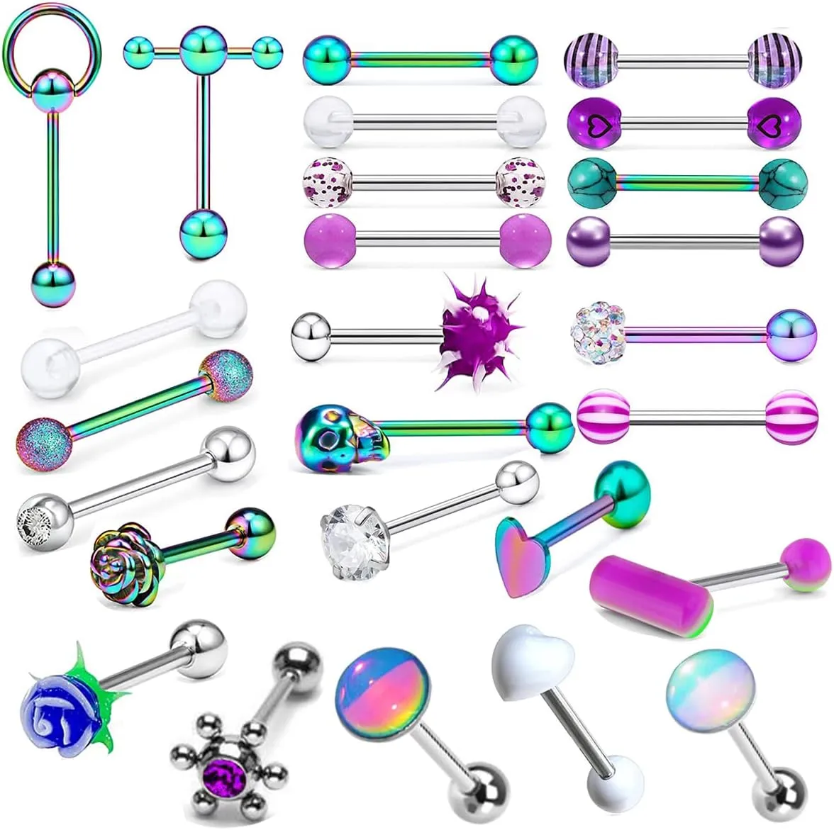 Suotarn 26Pcs 14G Tongue Rings Stainless Steel Tongue Piercing Barbells Long Acrylic Glow in Dark Pill Rose Skull Zircon Tounge Bar for Women Men