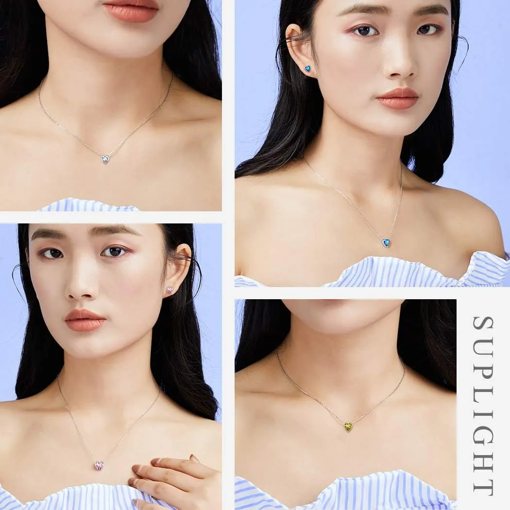 Suplight Dainty 925 Sterling Silver Birthstone Heart Crystal Necklace/Stud Earrings, Minimalist BirthStone Necklaces Earrings Jewelry for Women (with Gift Box)