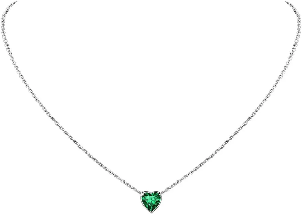 Suplight Dainty 925 Sterling Silver Birthstone Heart Crystal Necklace/Stud Earrings, Minimalist BirthStone Necklaces Earrings Jewelry for Women (with Gift Box)