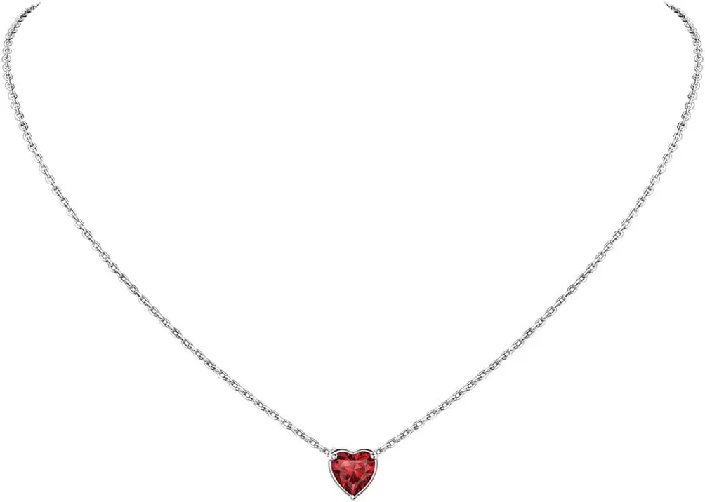 Suplight Dainty 925 Sterling Silver Birthstone Heart Crystal Necklace/Stud Earrings, Minimalist BirthStone Necklaces Earrings Jewelry for Women (with Gift Box)