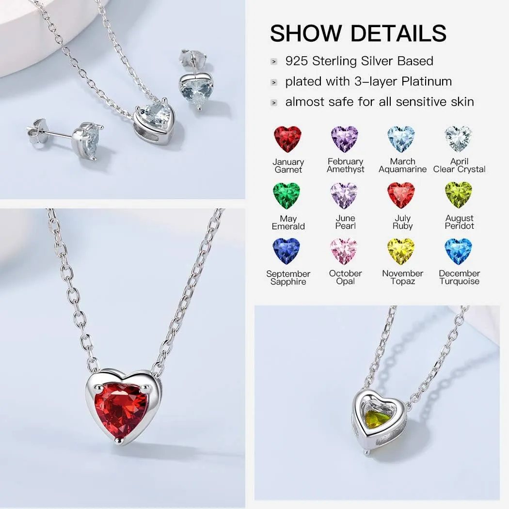 Suplight Dainty 925 Sterling Silver Birthstone Heart Crystal Necklace/Stud Earrings, Minimalist BirthStone Necklaces Earrings Jewelry for Women (with Gift Box)