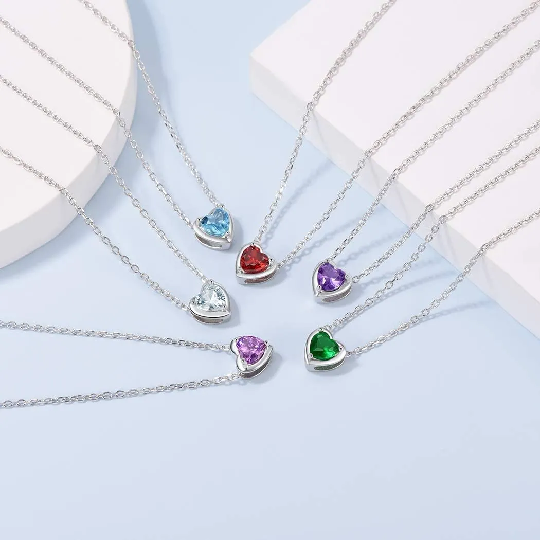 Suplight Dainty 925 Sterling Silver Birthstone Heart Crystal Necklace/Stud Earrings, Minimalist BirthStone Necklaces Earrings Jewelry for Women (with Gift Box)