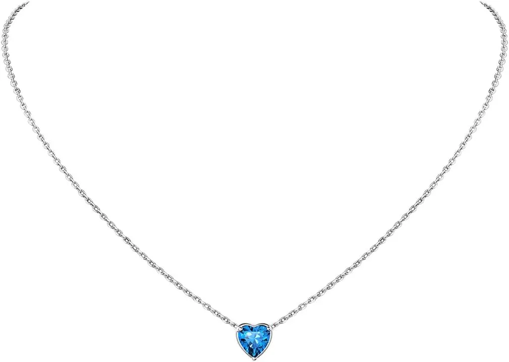 Suplight Dainty 925 Sterling Silver Birthstone Heart Crystal Necklace/Stud Earrings, Minimalist BirthStone Necklaces Earrings Jewelry for Women (with Gift Box)
