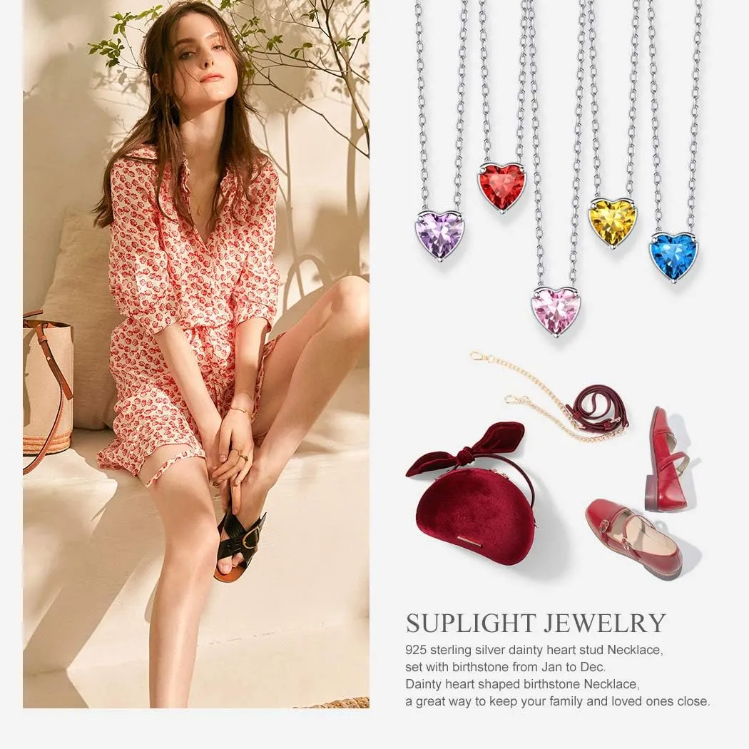 Suplight Dainty 925 Sterling Silver Birthstone Heart Crystal Necklace/Stud Earrings, Minimalist BirthStone Necklaces Earrings Jewelry for Women (with Gift Box)