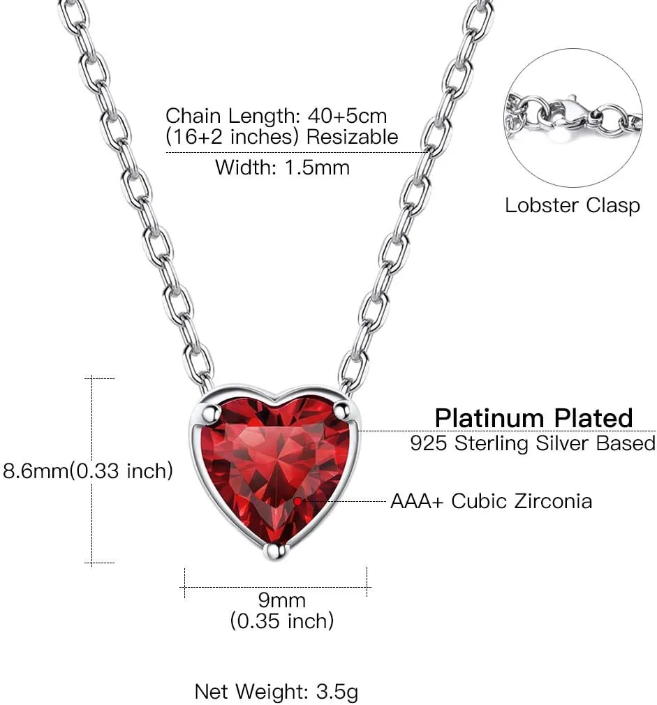 Suplight Dainty 925 Sterling Silver Birthstone Heart Crystal Necklace/Stud Earrings, Minimalist BirthStone Necklaces Earrings Jewelry for Women (with Gift Box)