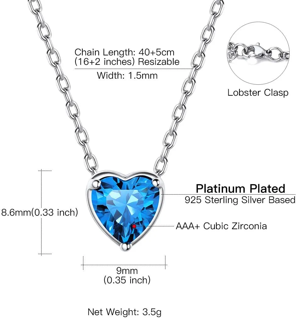 Suplight Dainty 925 Sterling Silver Birthstone Heart Crystal Necklace/Stud Earrings, Minimalist BirthStone Necklaces Earrings Jewelry for Women (with Gift Box)