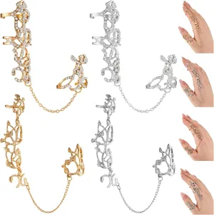 Sureio 4 Pcs Leaf Full Finger Rings Bracelet Gold Silver Knuckle Hand Chain Rhinestone Hand Jewelry Crystal Harness Knuckle Rings Bracelet for Women